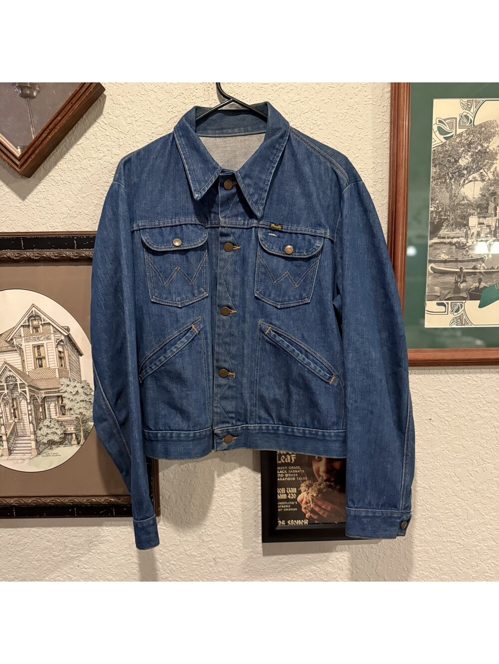 Vintage 70s RARE Wrangler Denim Zig Zag Stitched Jacket Sanforized USA Sz Medium